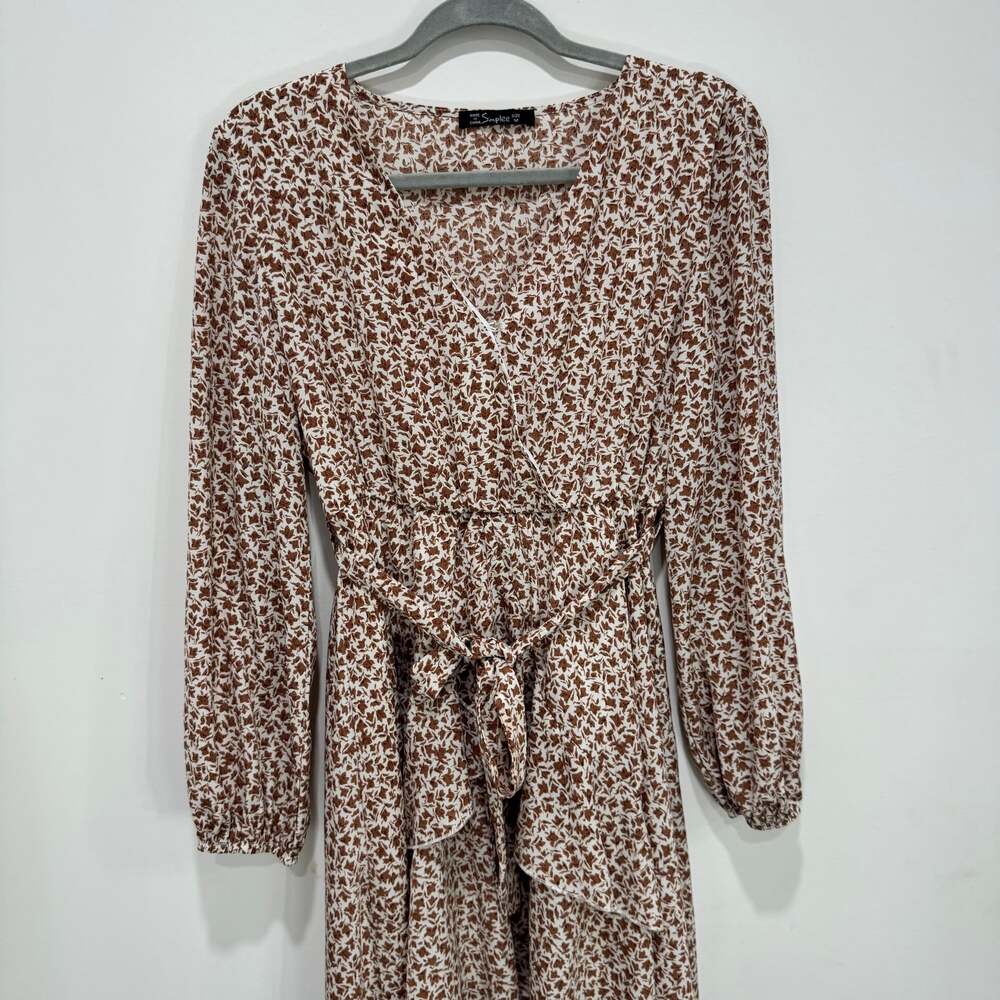 Simplee Brown & White Floral Midi Dress V-Neck Ruffle Tie Waist Size M